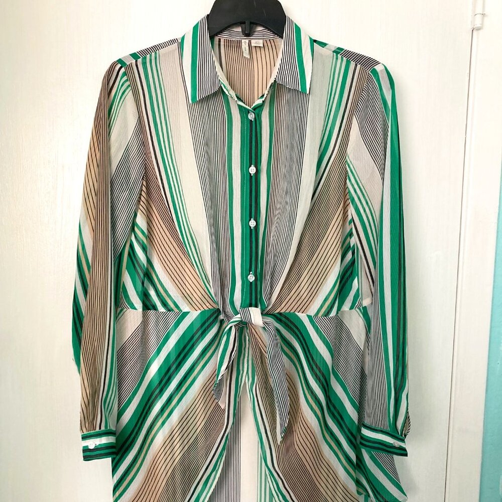 Cato XS OR 22W Green Tan White Striped Hi Low Shirt